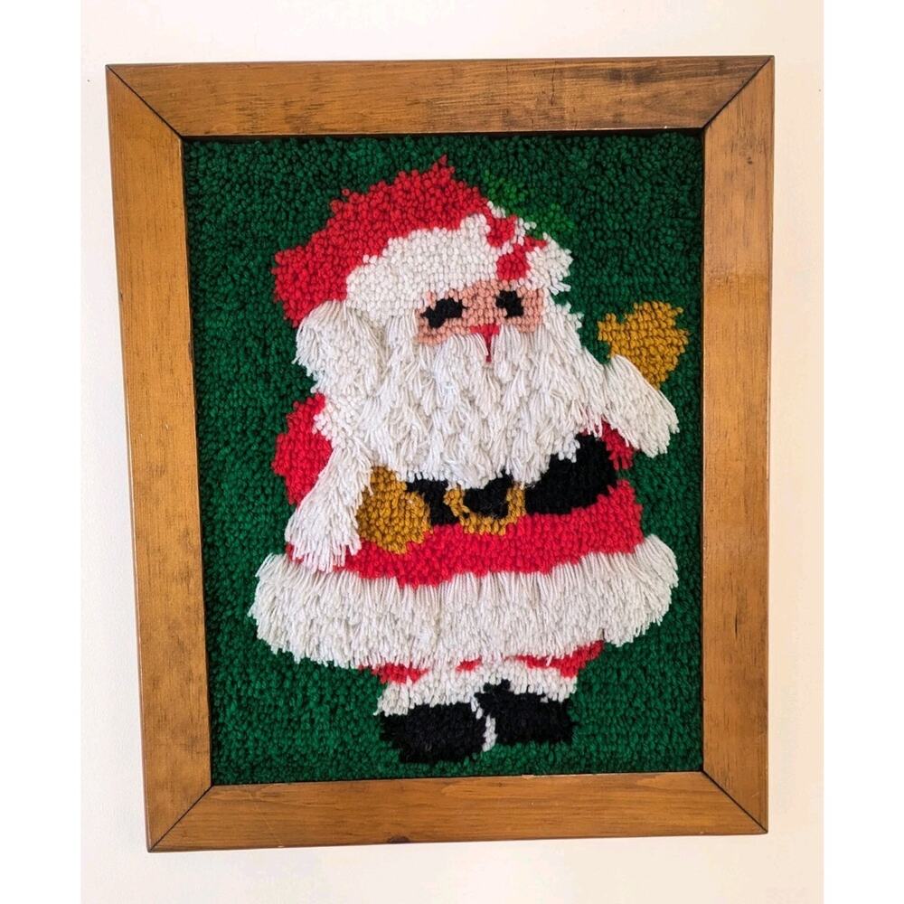 Vintage 1970s Latchhook Santa Clause Christmas Wall Hanging Framed 22" X 27"